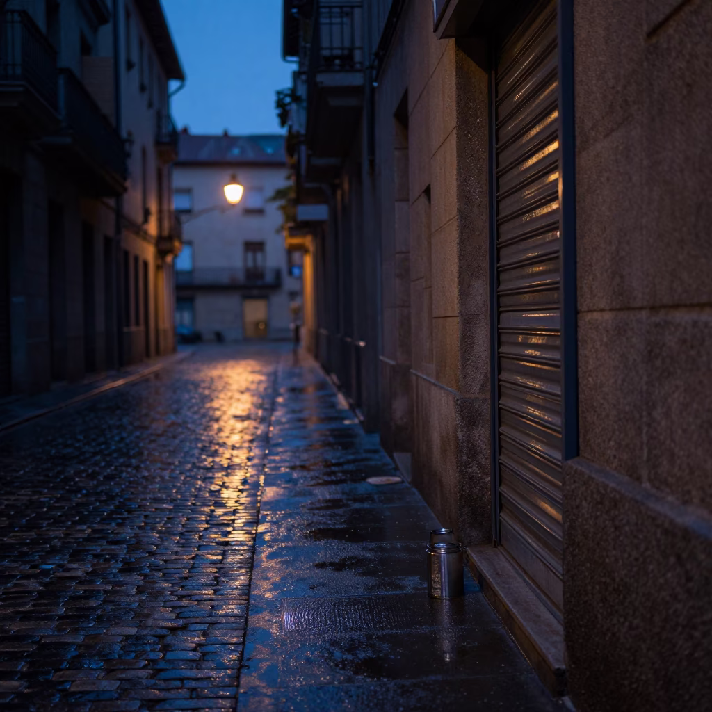 Predawn Bilbao Street Scene with Grease Sheen on Rim and Jar in Urban Setting in in Bilbao, Spain