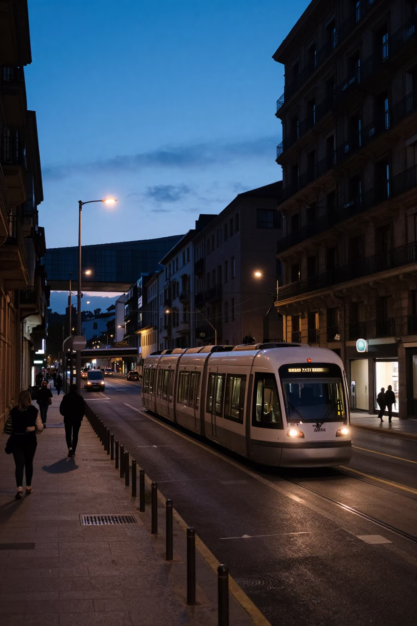 Predawn Bilbao Street Scene with Monorail and Urban Details in in Bilbao, Spain