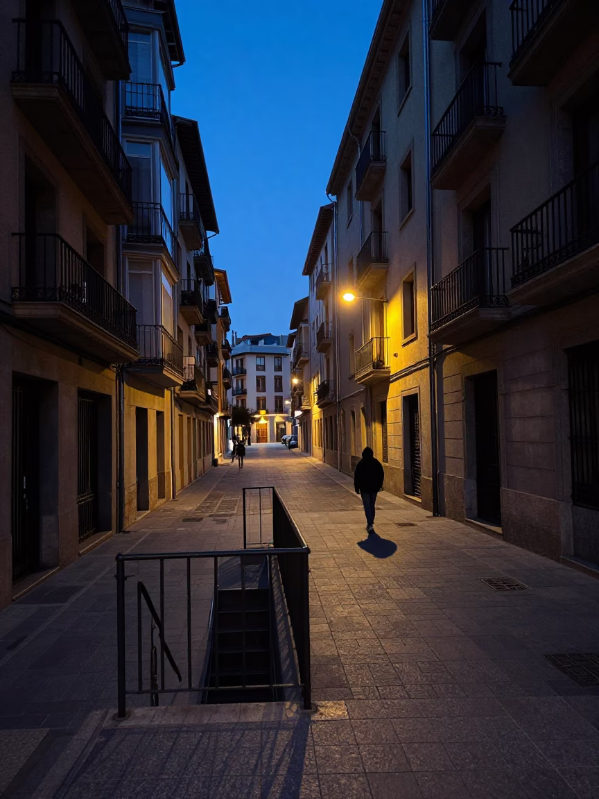 Predawn Bilbao street scene with stair rail and quiet urban atmosphere in in Bilbao, Spain