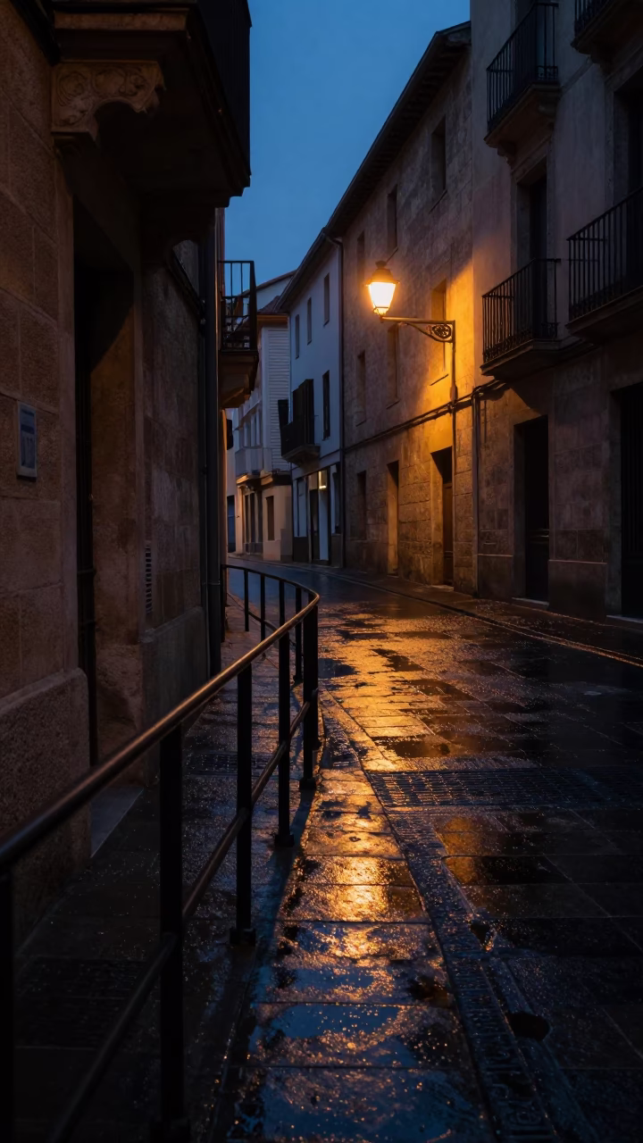 Predawn Bilbao Street Scene with Stair Rail and Rain-Slicked Cobblestones in in Bilbao, Spain