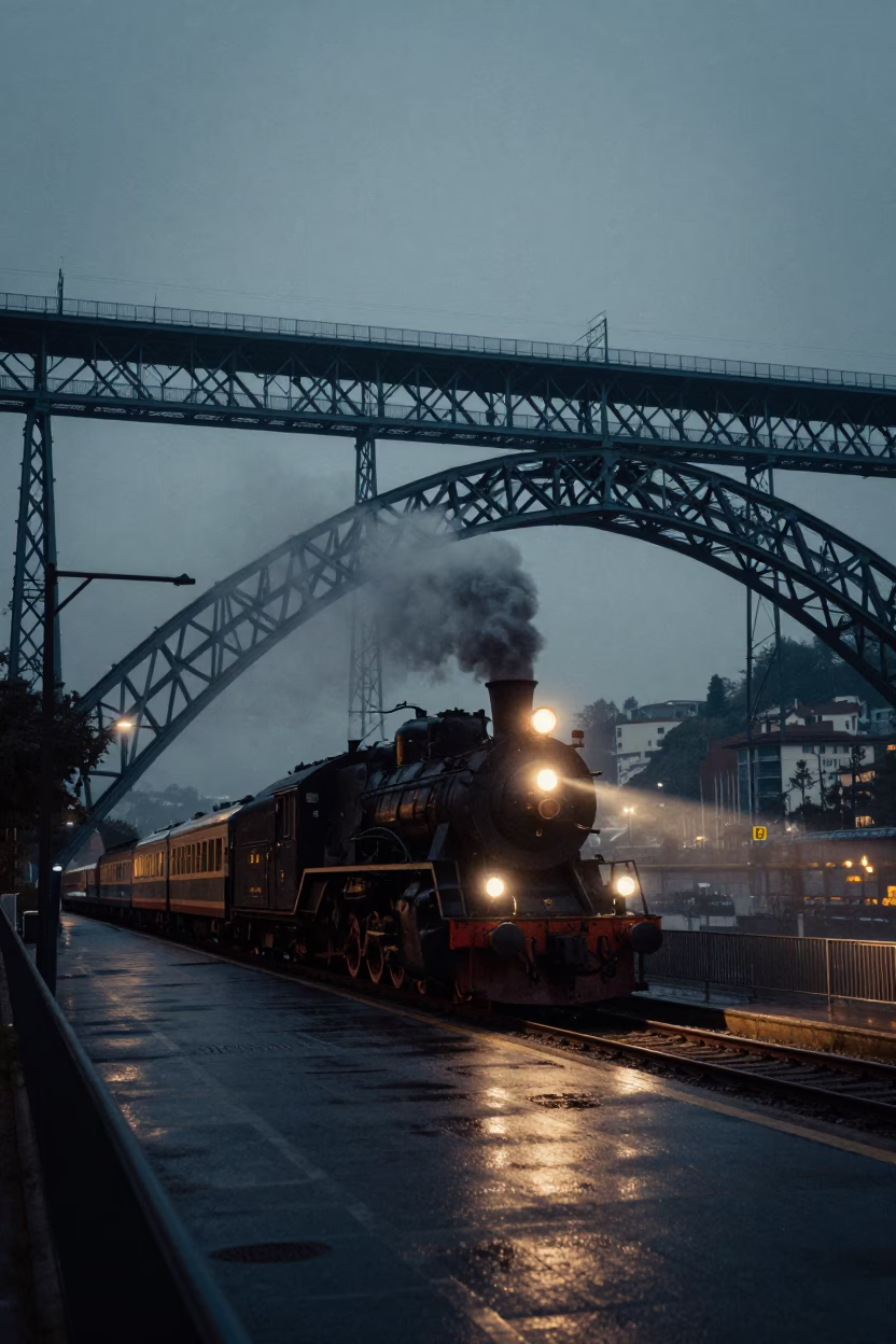 Predawn Bilbao Street Scene with Steam Locomotive Crossing Bridge in Dark Early Morning in in Bilbao, Spain
