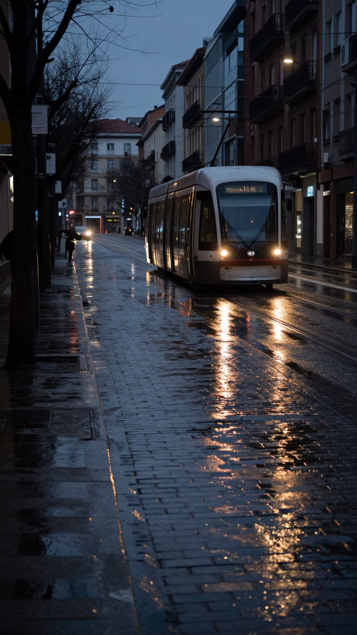 Predawn Bilbao Street Scene with Tram Reflection on Wet Cobblestones and Bicycle in in Bilbao, Spain
