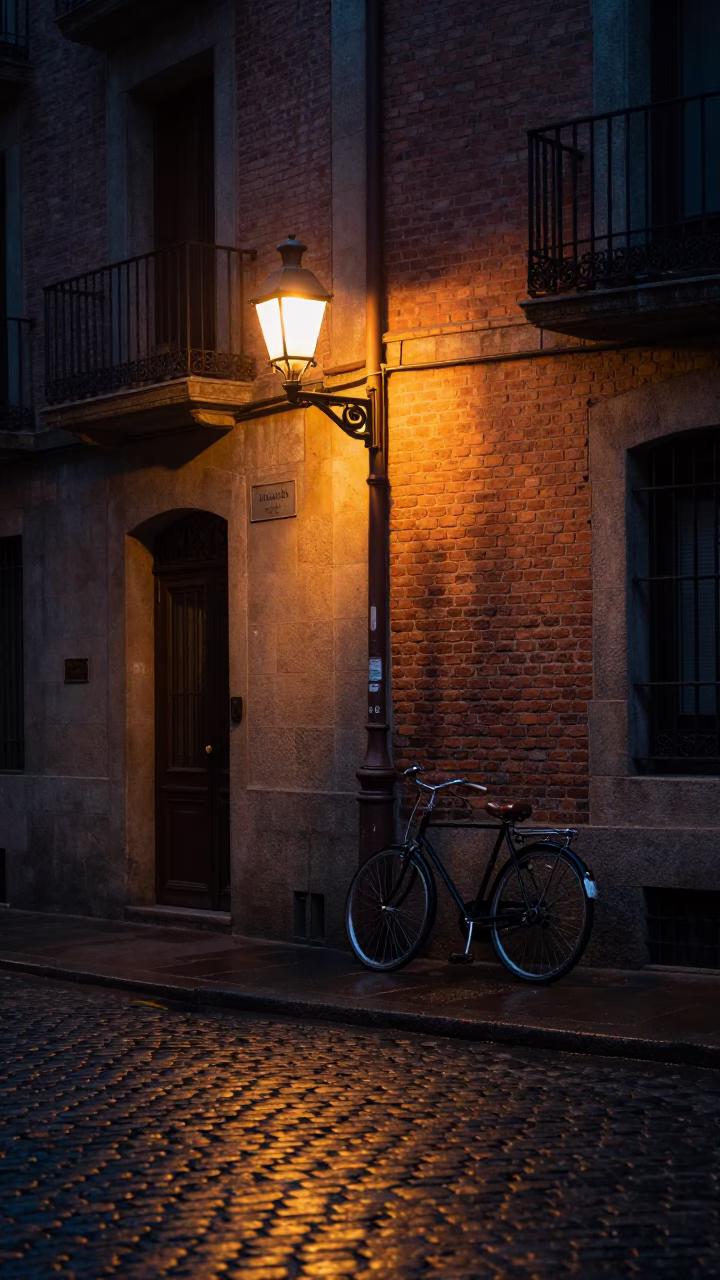 Predawn Bilbao Street Scene with Vintage 1950s Aesthetic and Local Details in in Bilbao, Spain