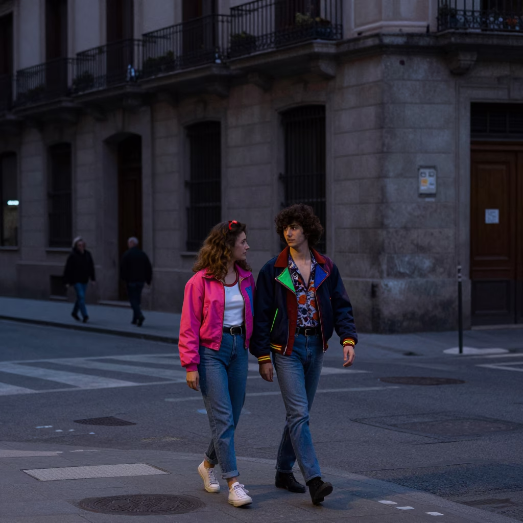 Predawn Bilbao street scene with vintage 1980s fashion and local architecture in in Bilbao, Spain