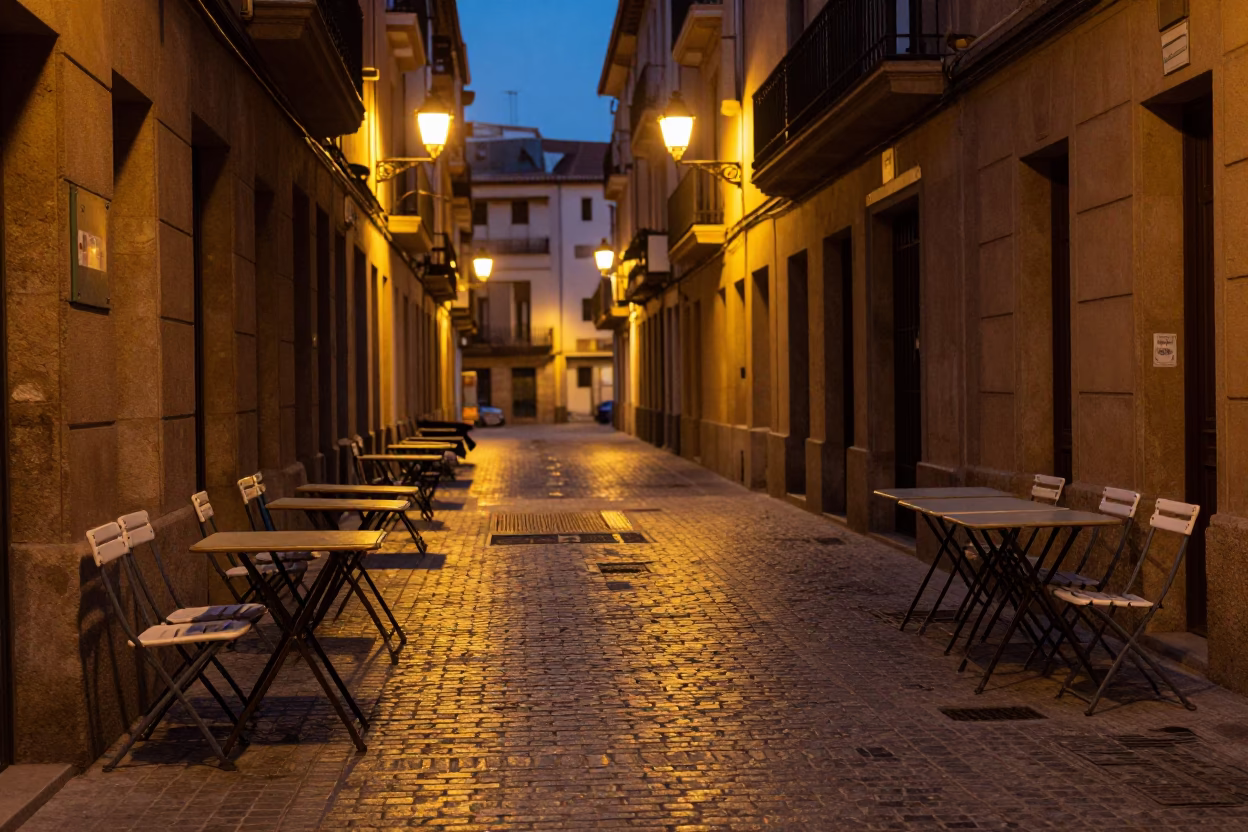 Predawn Bilbao Street Scene with Vintage Folding Tables and Dim Gaslight Illumination in in Bilbao, Spain