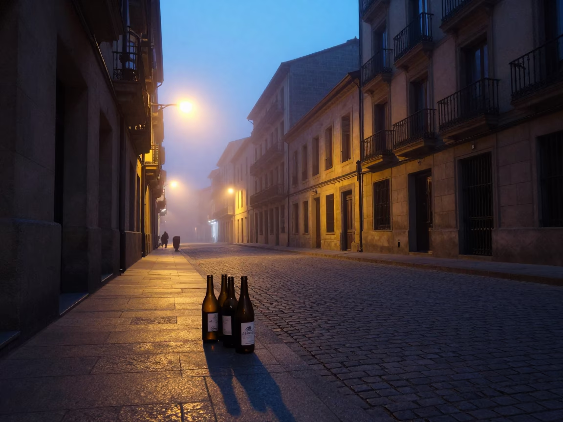 Predawn Bilbao street scene with vintage glass bottles and urban shadows in in Bilbao, Spain