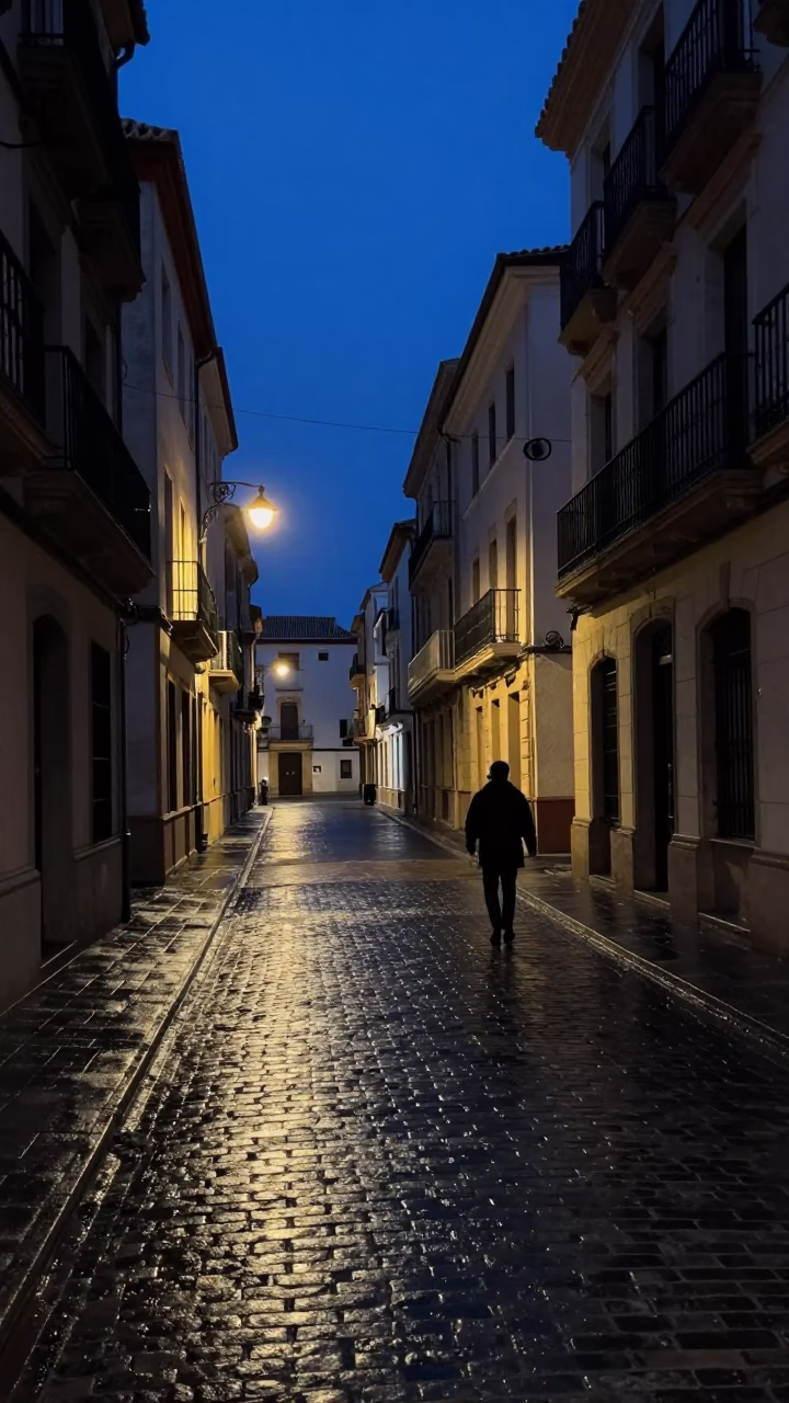 Predawn Bilbao Street Scene with Wet Cobblestones and Subtle Urban Light in in Bilbao, Spain