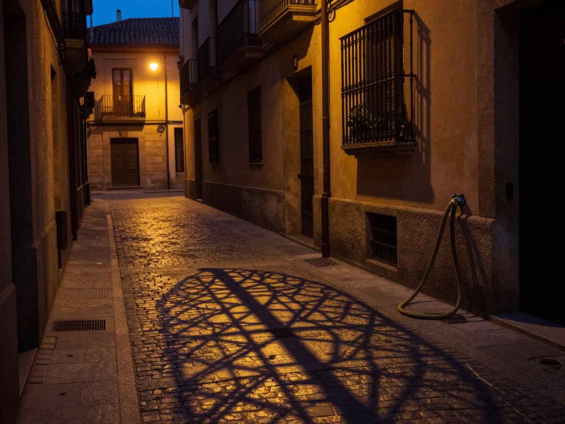 Predawn Bilbao Street Scene with Wicker Shadow and Hose Nozzle in in Bilbao, Spain