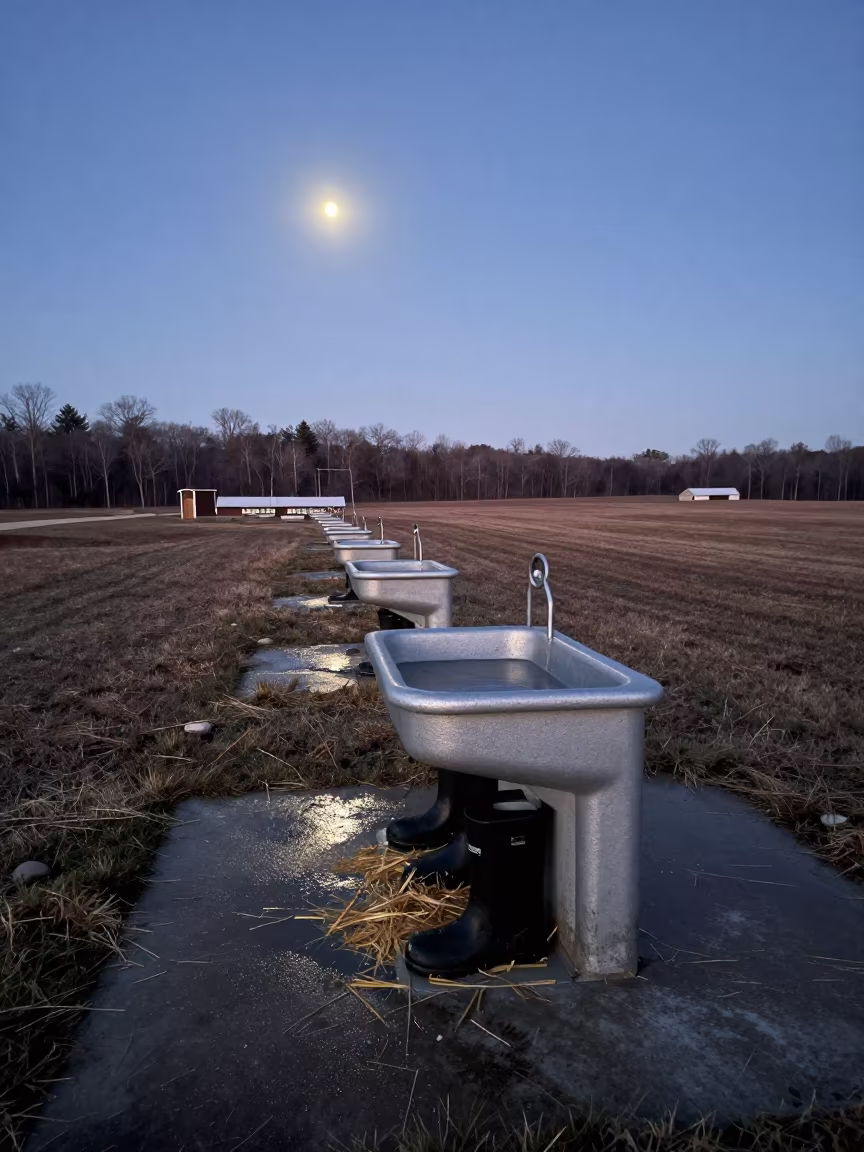 Predawn Biosecurity Boot Dip Station Massachusetts in near a windbreak and water trough in Massachusetts