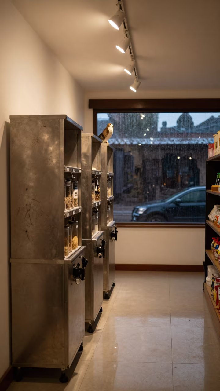 Predawn Bird Seed Scoop Station in Cusco Pet Store in inside a pet store aisle near Cusco