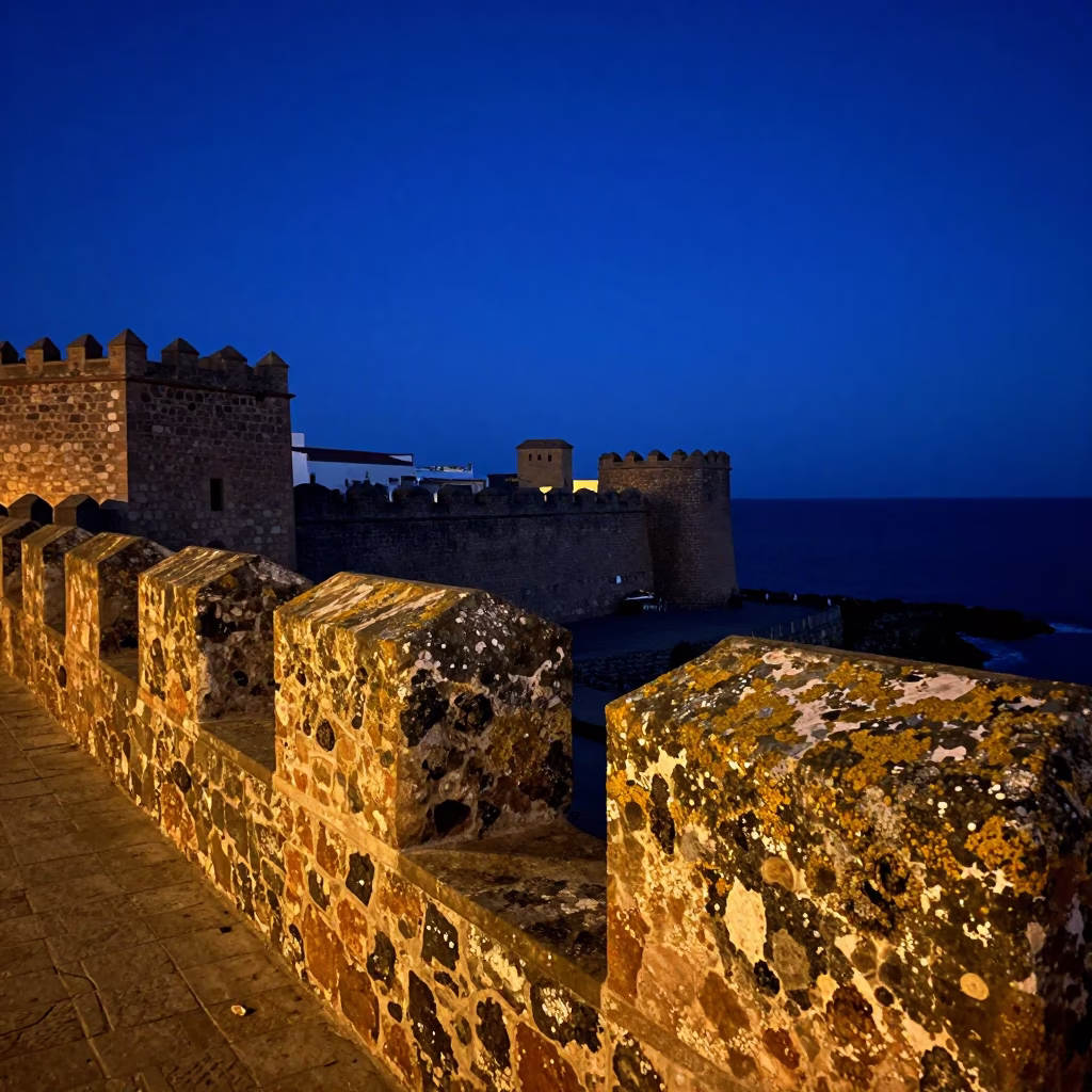 Predawn Blue Hour in Essaouira Morocco with Lichen-Covered Stone and Coastal Beacon in in Essaouira, Morocco
