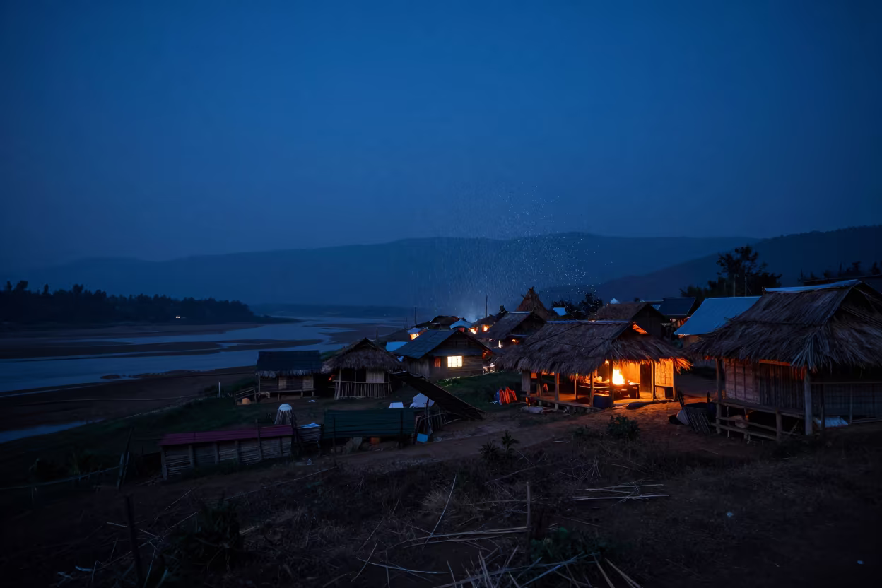 Predawn Blue Sky Over Sleeping Nagaland Village in along a dark shoreline with tidal glow in Nagaland