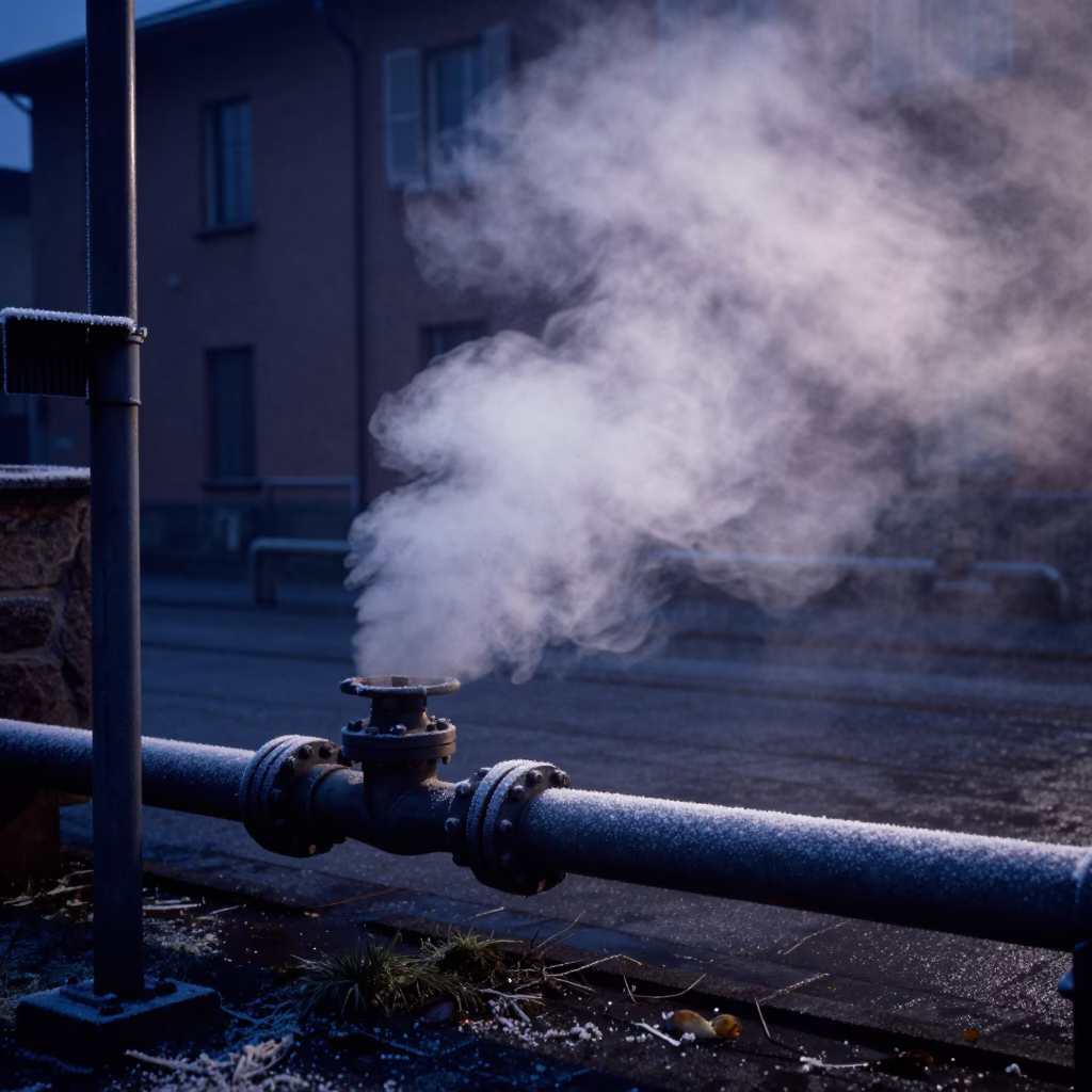 Predawn Bologna Italy District Heating Pipe Steaming Behind Frost Coated Fencing in in Bologna, Italy
