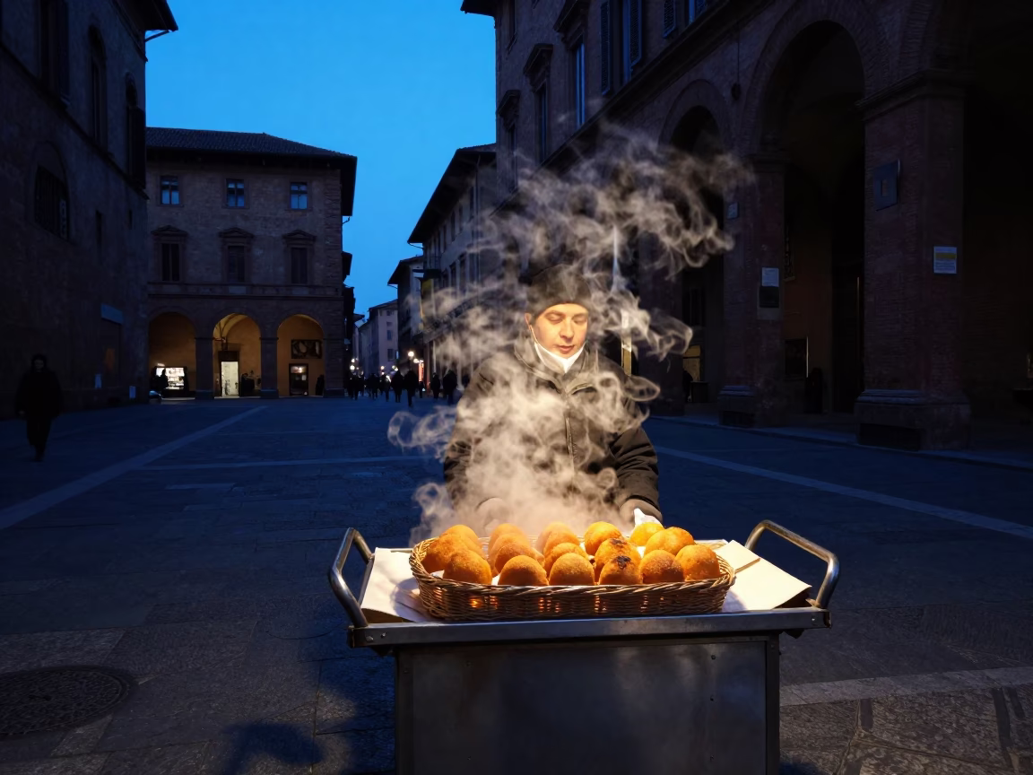 Predawn Bologna Italy Street Food Vendor Arancini Steaming Basket Early Morning Light in in Bologna, Italy