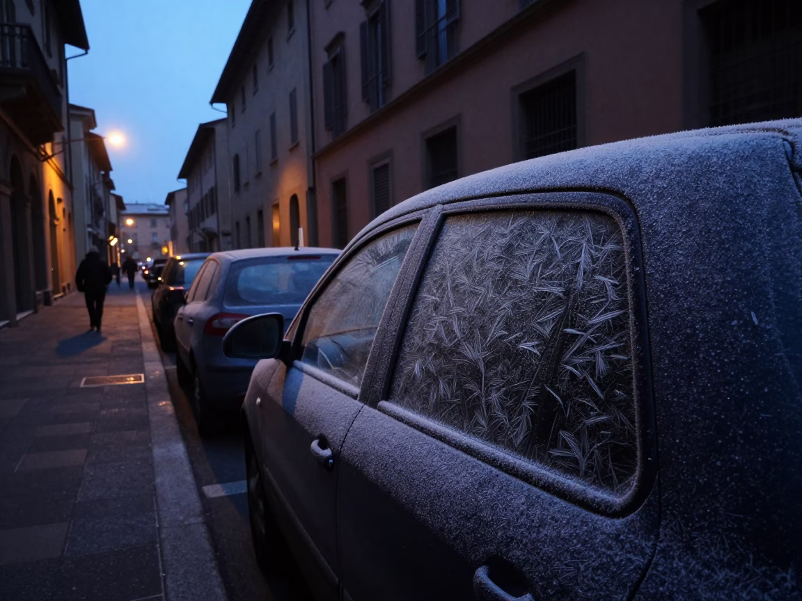Predawn Bologna Italy Street Scene with Frost on Car Window and Distant City Lights in in Bologna, Italy