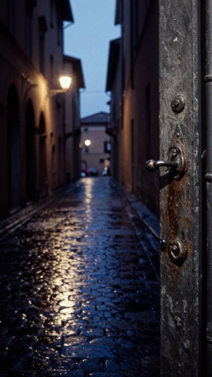 Predawn Bologna Italy Street Scene with Gate Handle and Concrete Brutalist Architecture in in Bologna, Italy