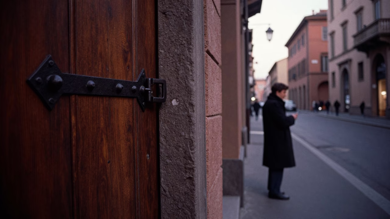 Predawn Bologna Italy Street Scene with Iron Deadbolt and Local Morning Routine in in Bologna, Italy