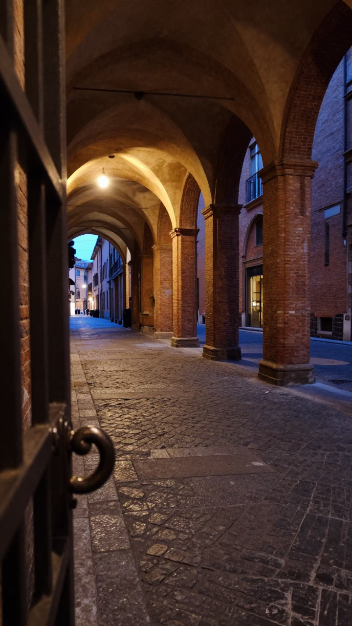 Predawn Bologna Italy street scene with iron gate handle and ladle in shadows in in Bologna, Italy