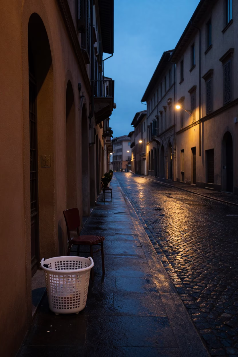 Predawn Bologna Italy Street Scene with Laundry Basket and Chair Outside Historic Building in in Bologna, Italy