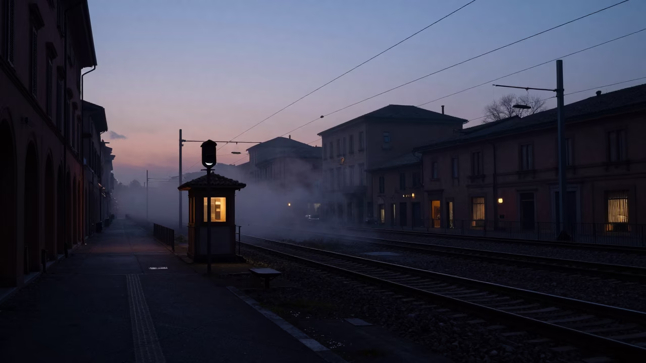 Predawn Bologna Italy Street Scene with Steam Haze and Railway Signal Cabin in in Bologna, Italy