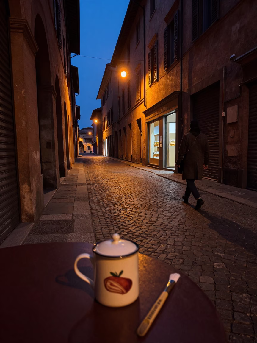 Predawn Bologna Italy Street Scene with Tea Canister and Brushed Steel Runner in in Bologna, Italy