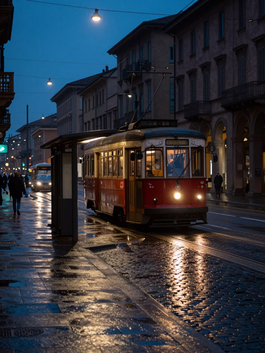 Predawn Bologna Italy Street Scene with Tramcar and Pocket Watch in in Bologna, Italy