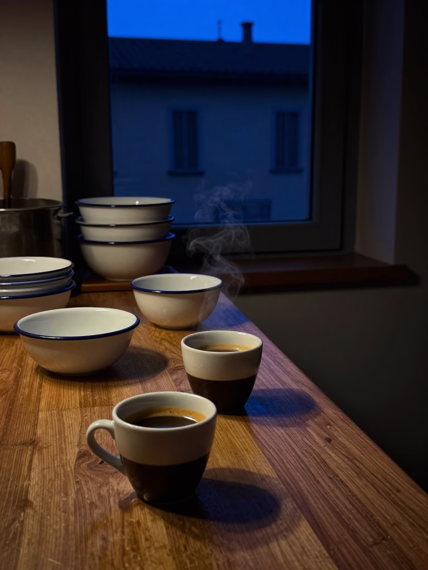 Predawn Bologna Kitchen with Espresso and Enamel Bowls in in Bologna, Italy