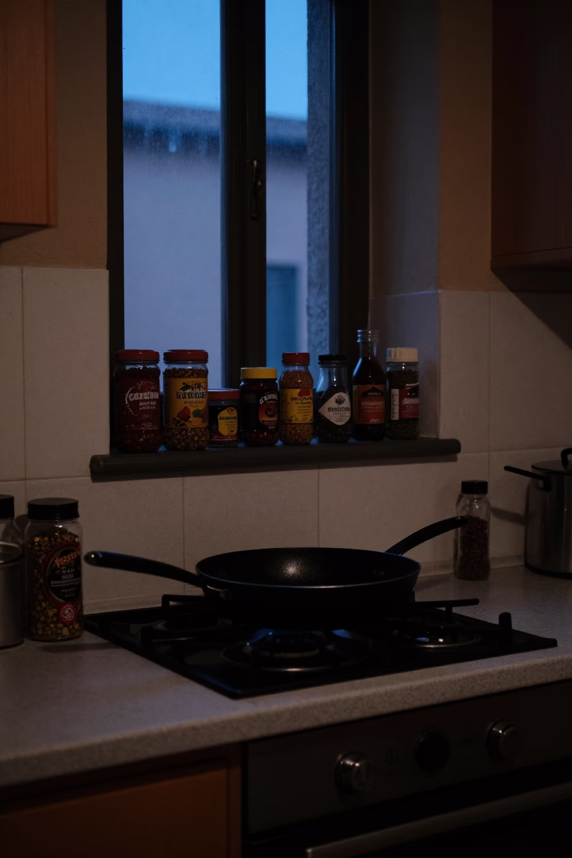 Predawn Bologna Kitchen with Spice Jars and Skillet for Authentic 1950s Italian Breakfast in in Bologna, Italy
