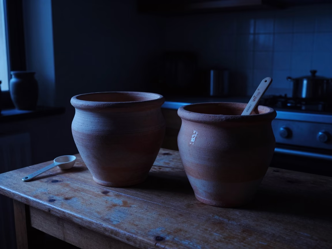 Predawn Bologna Kitchen with Stoneware Crocks and Measuring Spoon Ring in in Bologna, Italy