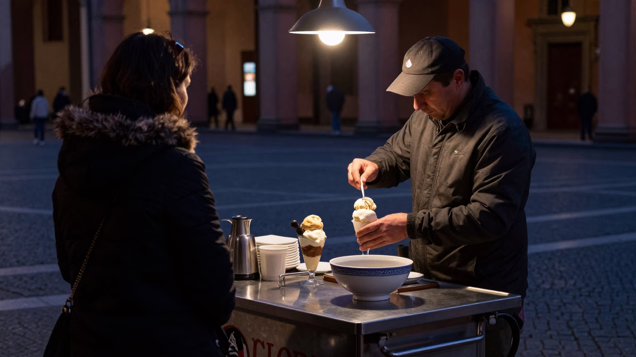 Predawn Bologna Street Scene with Affogato and Ceramic Bowl in Historic Piazza in in Bologna, Italy