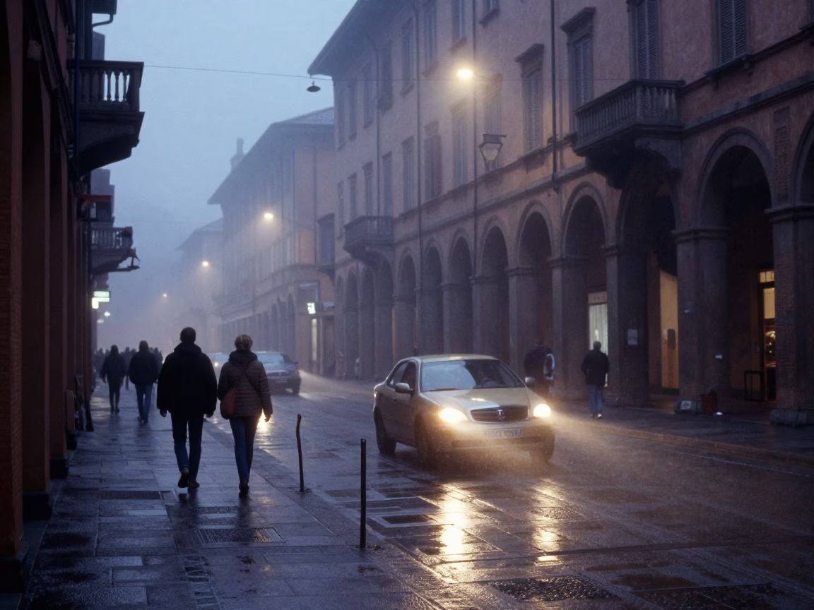 Predawn Bologna Street Scene with Condensation on Camera Lens and Urban Details in in Bologna, Italy