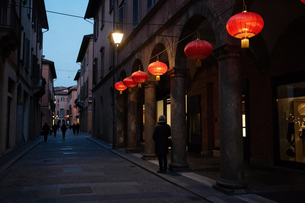 Predawn Bologna Street Scene with Hanging Lanterns and Local Market Activity in in Bologna, Italy