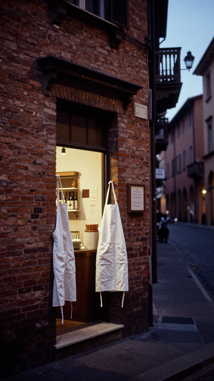 Predawn Bologna Street Scene with Linen Aprons Hanging in the Dark in in Bologna, Italy