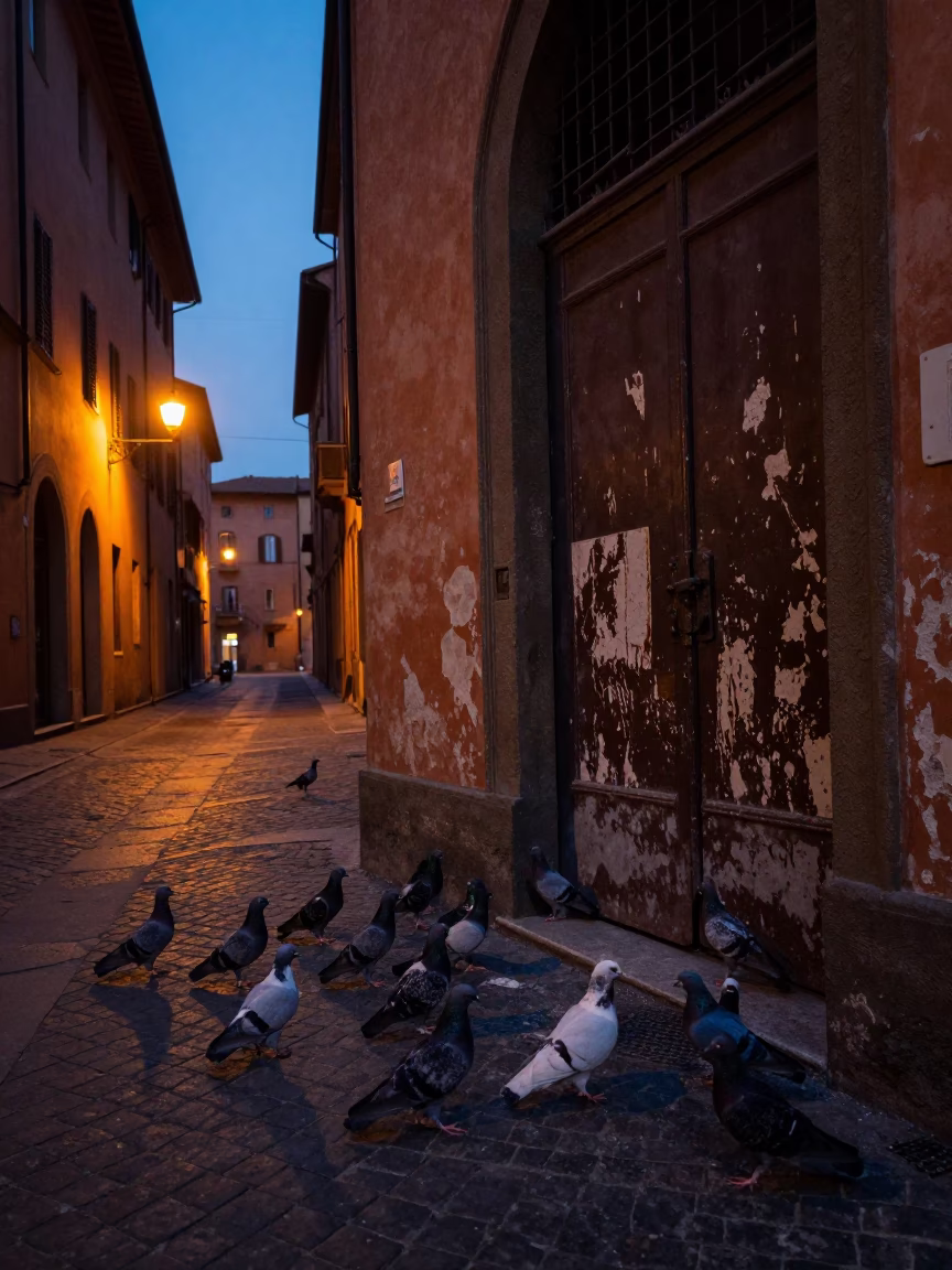 Predawn Bologna Street Scene with Pigeons and Weathered Gate Handle in in Bologna, Italy
