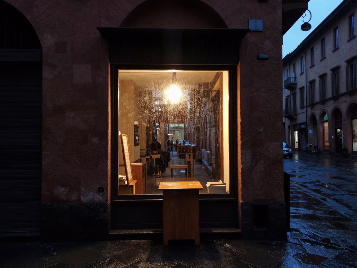 Predawn Bologna Street Scene with Rain and Urban Details in in Bologna, Italy