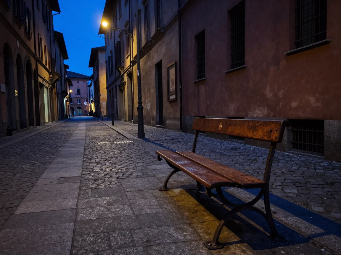Predawn Bologna Street Scene with Rusty Bench and Empty Crate in in Bologna, Italy