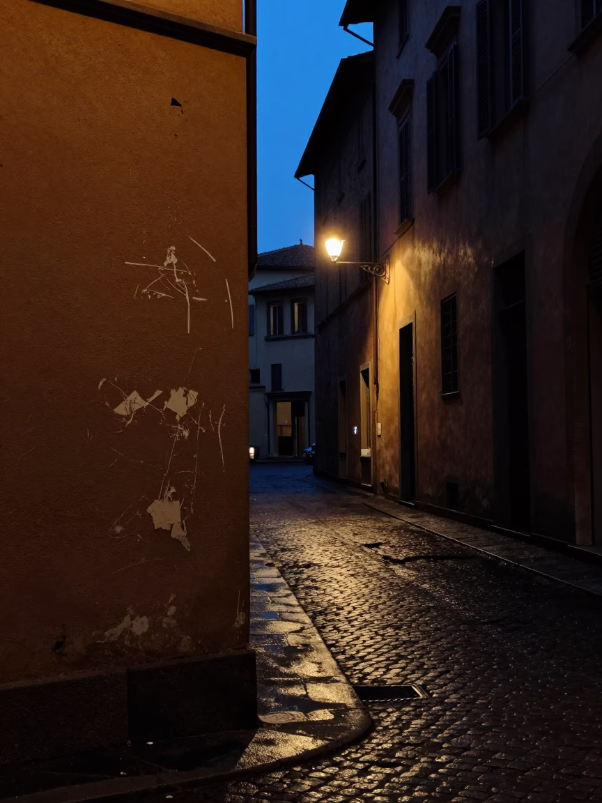 Predawn Bologna Street Scene with Scratched Wall and Vintage Apron in Italy in in Bologna, Italy