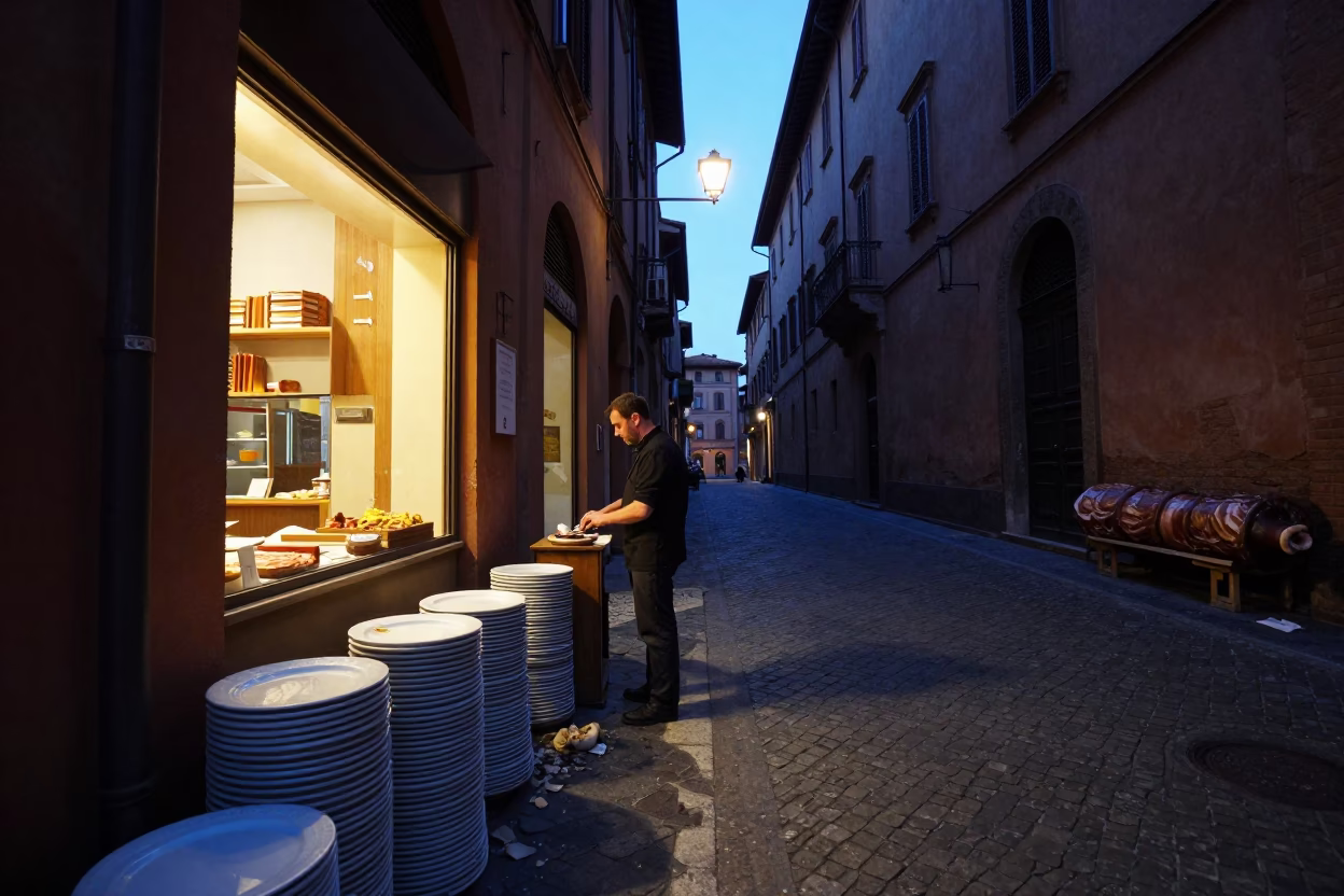 Predawn Bologna Street Scene with Stacked Plates and Rolling Pin in in Bologna, Italy