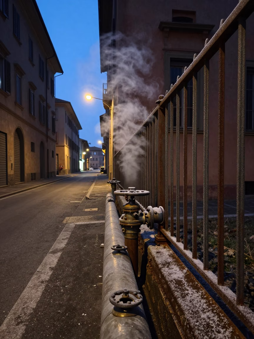 Predawn Bologna Street Scene with Steaming District Heating Pipe Behind Frost Coated Fencing in in Bologna, Italy