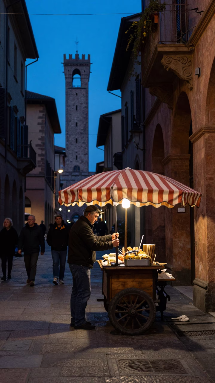 Predawn Bologna Street Scene with Vintage 1950s Elements and Local Ambiance in in Bologna, Italy