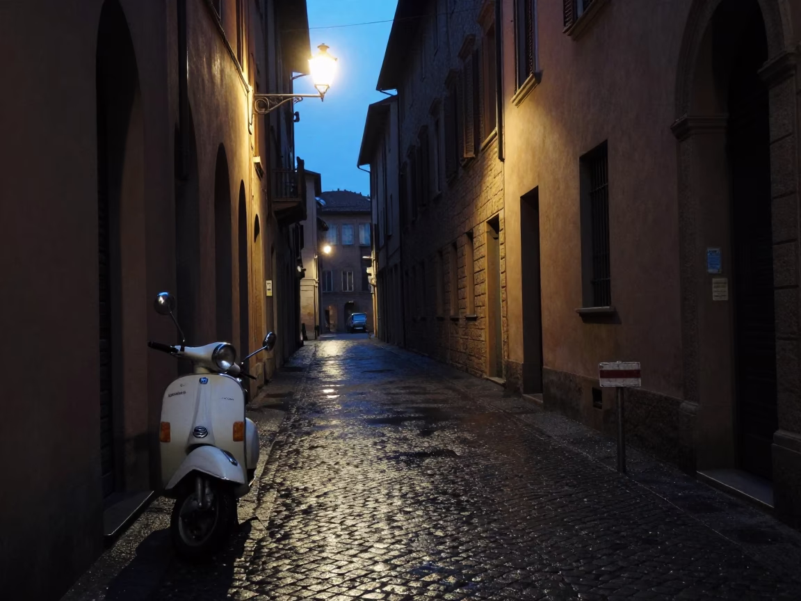 Predawn Bologna Street Scene with Vintage Scooter and Local Bakery Goods in in Bologna, Italy
