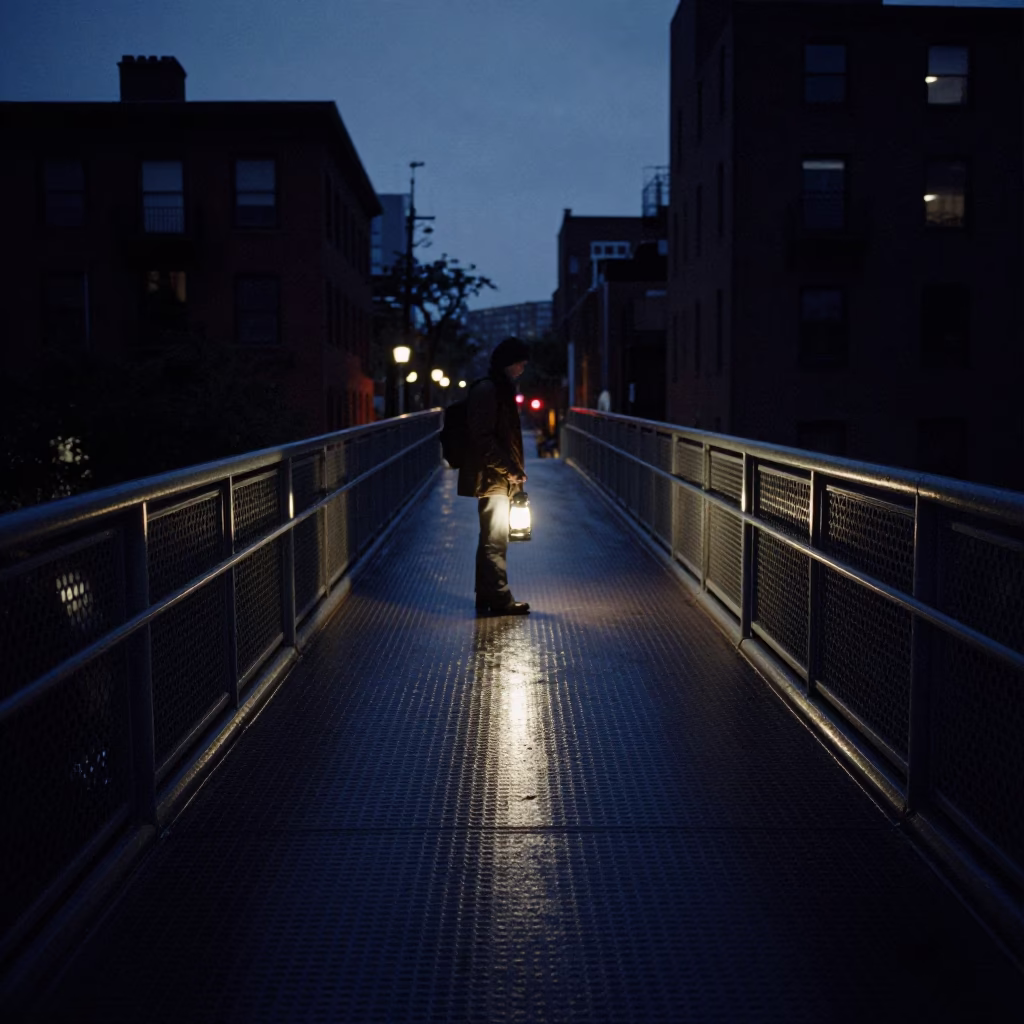 Predawn Boston Pedestrian Overpass Perforated Metal Wet Footsteps Oil Lamp Glow in in Boston, Massachusetts, United States