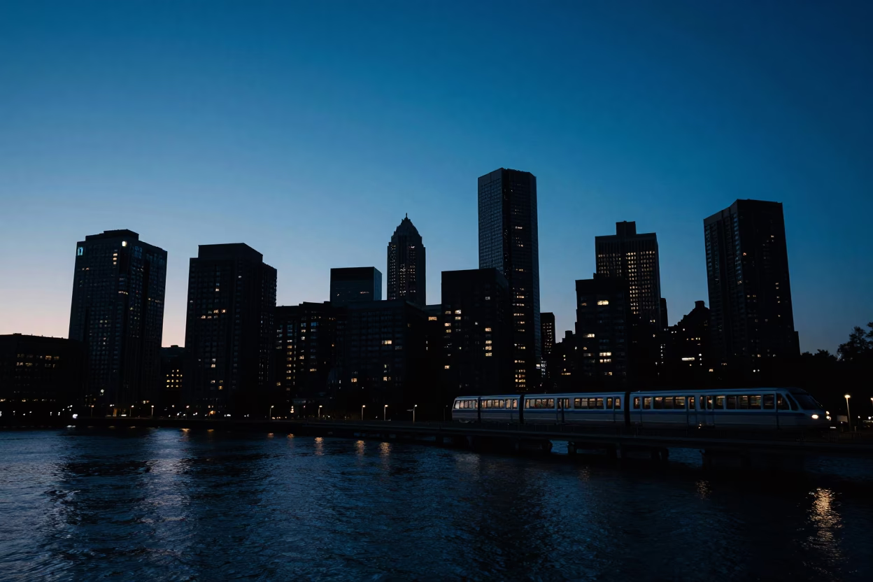 Predawn Boston Skyline and Charles River Monorail Silhouette in Early Morning Darkness in in Boston, Massachusetts, United States