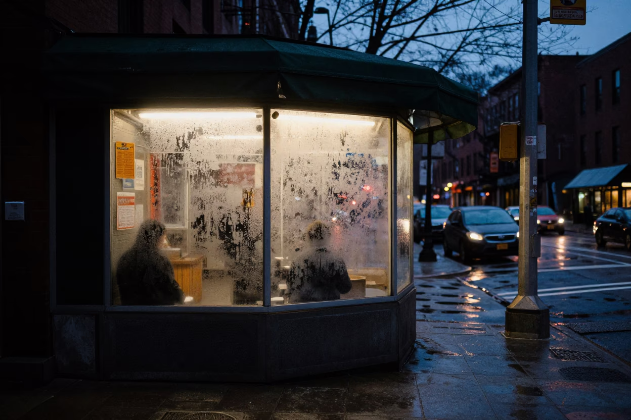Predawn Boston Street Corner with Condensation and Urban Grit in in Boston, Massachusetts, United States