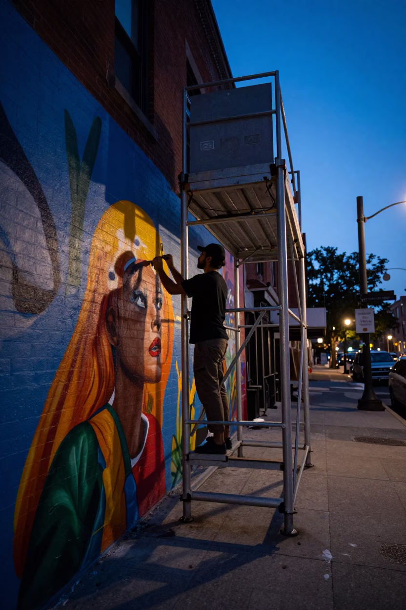 Predawn Boston Street Scene with Artist Painting Mural Under City Lights in in Boston, Massachusetts, United States