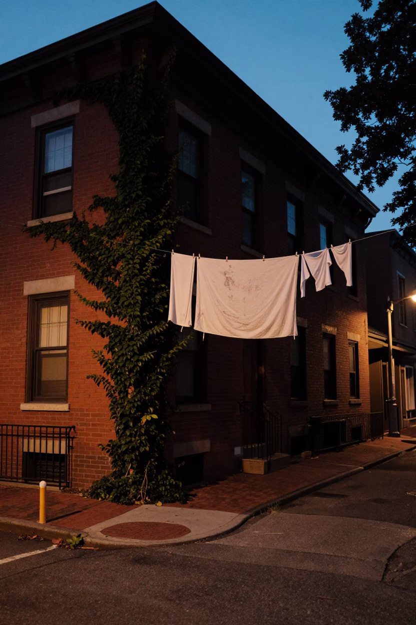 Predawn Boston Street Scene with Clothesline and Ivy Vines in Massachusetts in in Boston, Massachusetts, United States