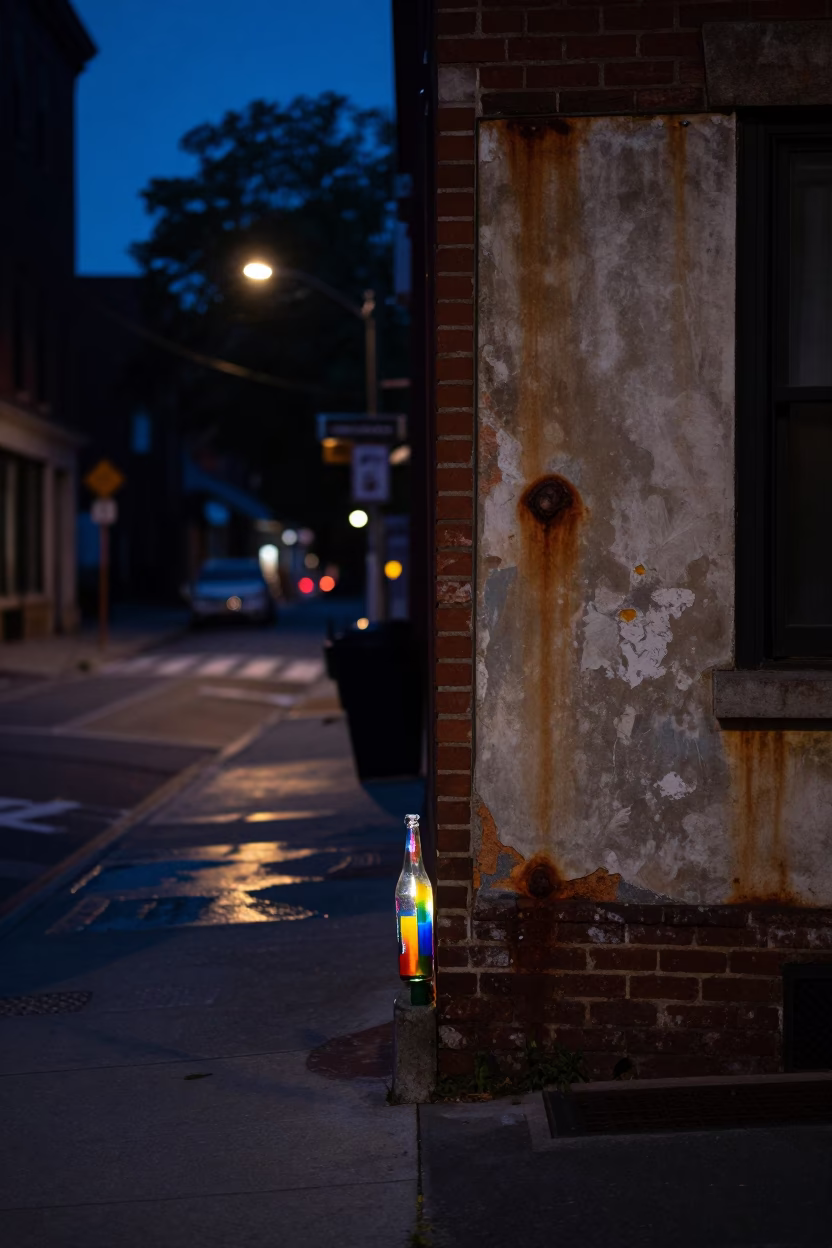 Predawn Boston Street Scene with Colorful Glass Bottle and Urban Decay in in Boston, Massachusetts, United States