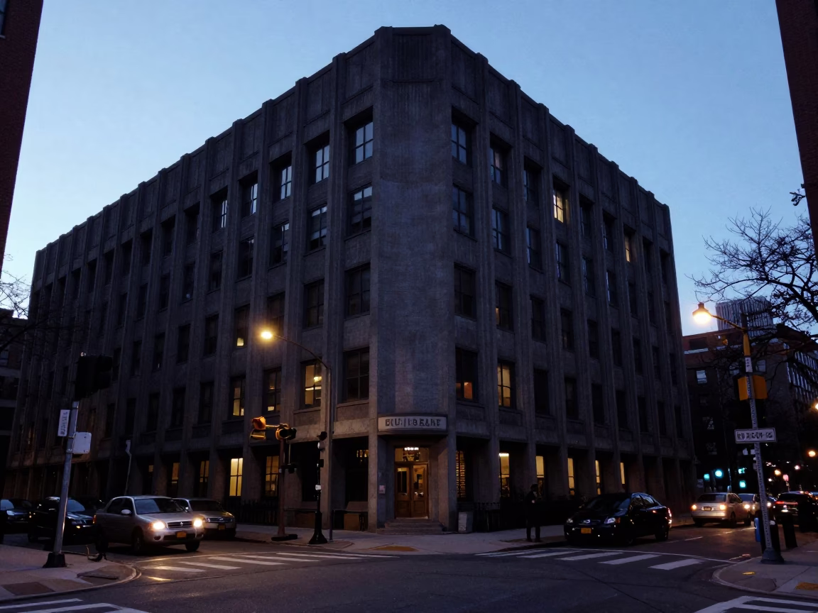 Predawn Boston Street Scene with Concrete Brutalist Building and Urban Details in in Boston, Massachusetts, United States