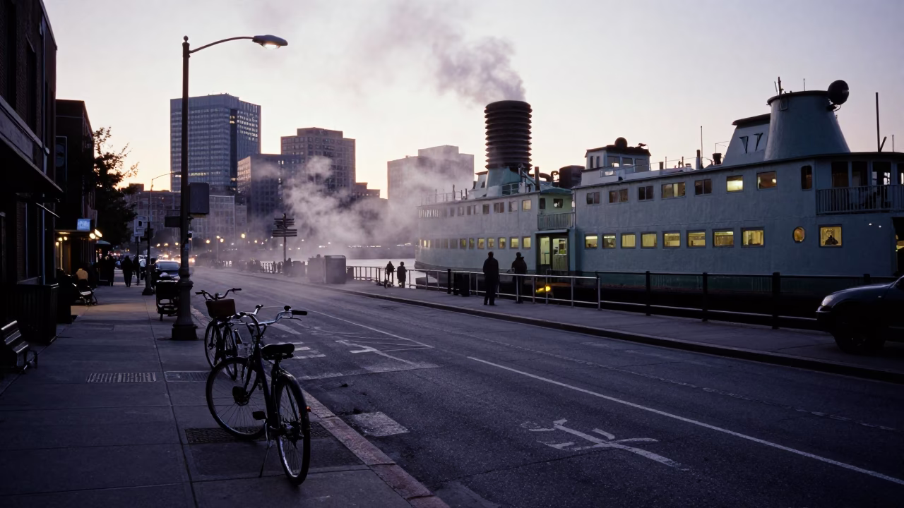 Predawn Boston Street Scene with Ferry Dock and Steam Haze in Massachusetts in in Boston, Massachusetts, United States
