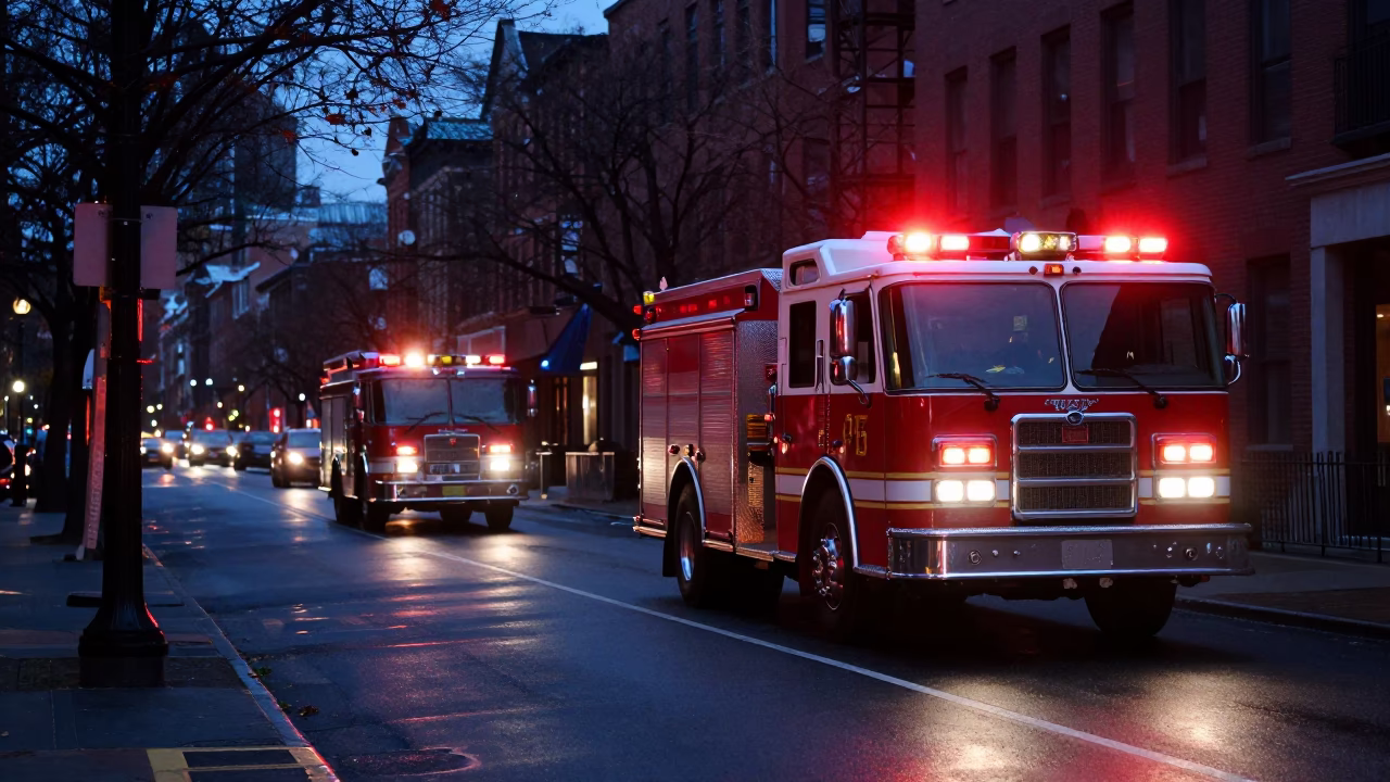 Predawn Boston Street Scene with Fire Engine Sirens and Urban Shadows in in Boston, Massachusetts, United States